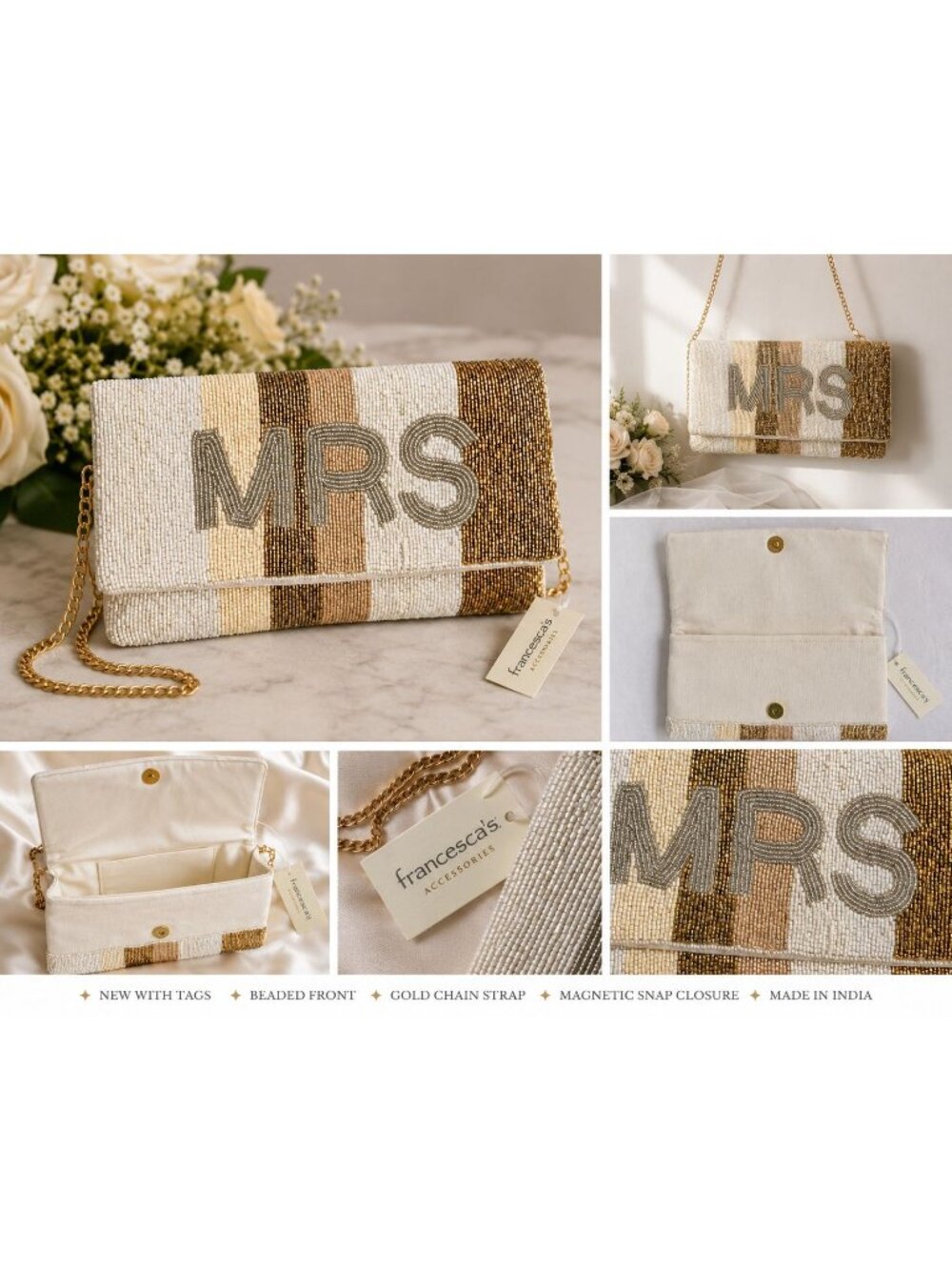 Francesca's MRS Beaded Bridal Clutch Purse NWT Ivory Gold Wedding Chain Strap - Picture 3 of 9